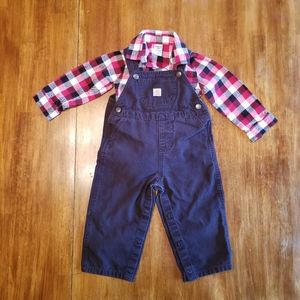 24 month boys Carhartt black coveralls with plaid long sleeve button up shirt.